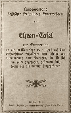 Ehren-Tafel des Landesverbands hessischer freiwilliger Feuerwehren, 1921